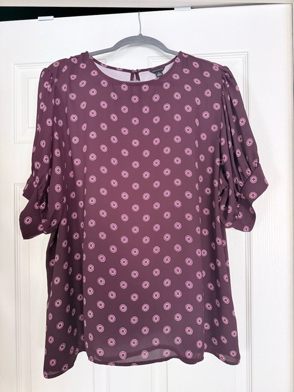 Ann Taylor Poised Plum Geo Mixed Media Blouse